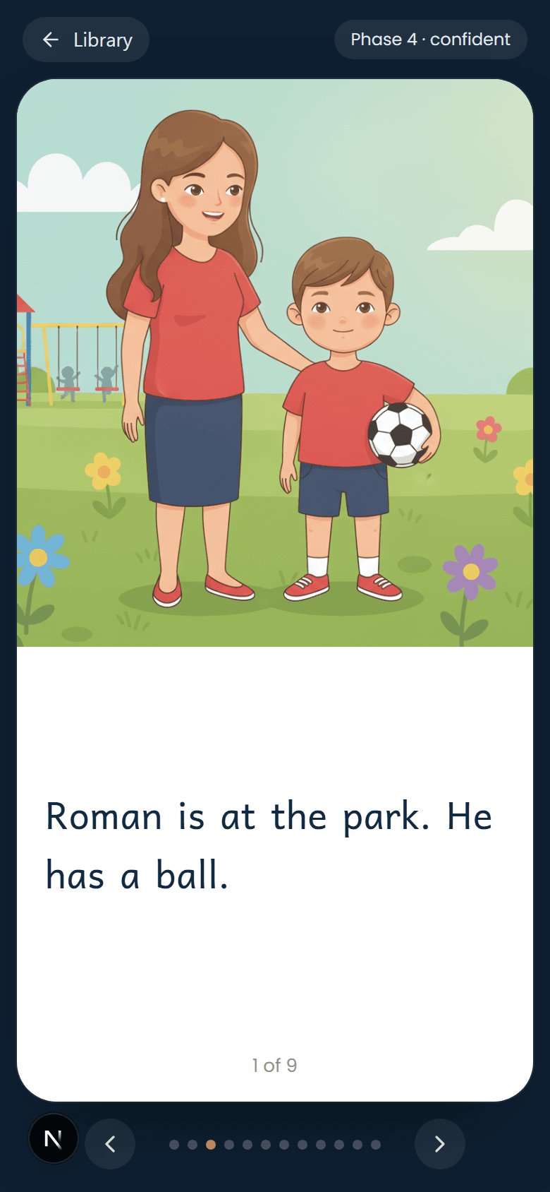 Inside page with simple decodable text: 'Roman is at the park. He has a ball.'